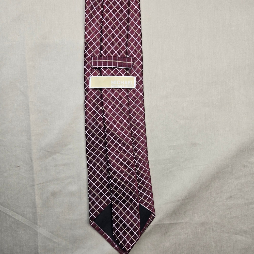 Michael Michael Kors Mens Silk Necktie Burgundy White Gold Grid Pattern 57x3.25 - Picture 6 of 9